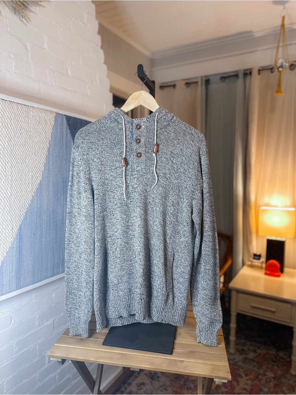 Rustic Blue Grey Quarter Button Up Hooded Pullover Sweater